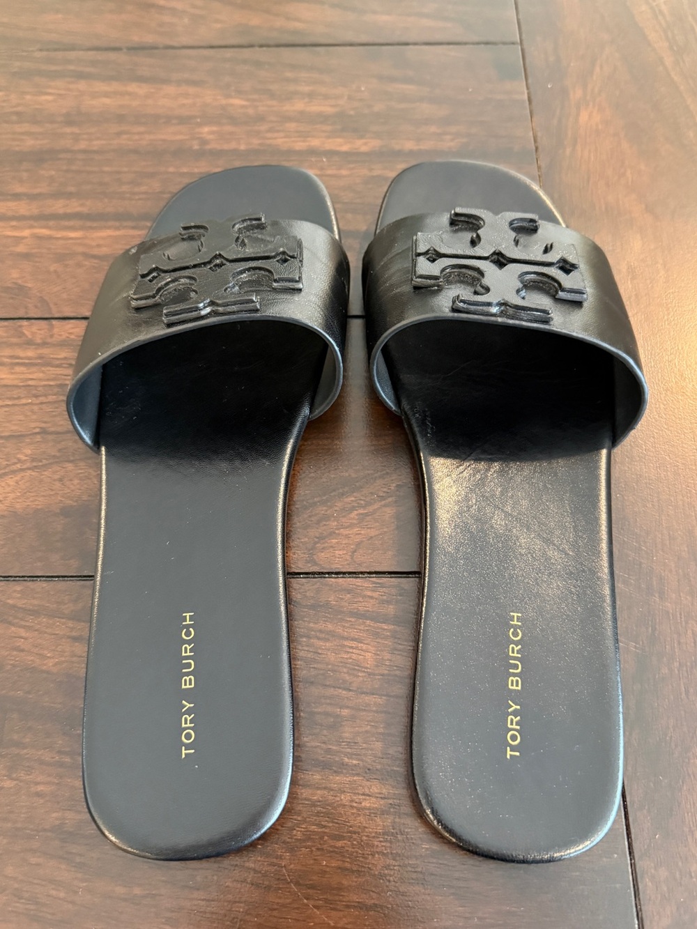 Tory Burch Ines Leather Slide Sandals Black Double T Logo Size 7 - Picture 3 of 7